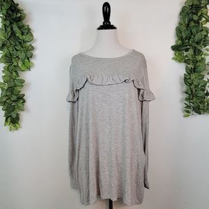 Pebble & Stone Ruffle Bust Grey Long Sleeve Loose Fit Casual Blouse, 1X Women